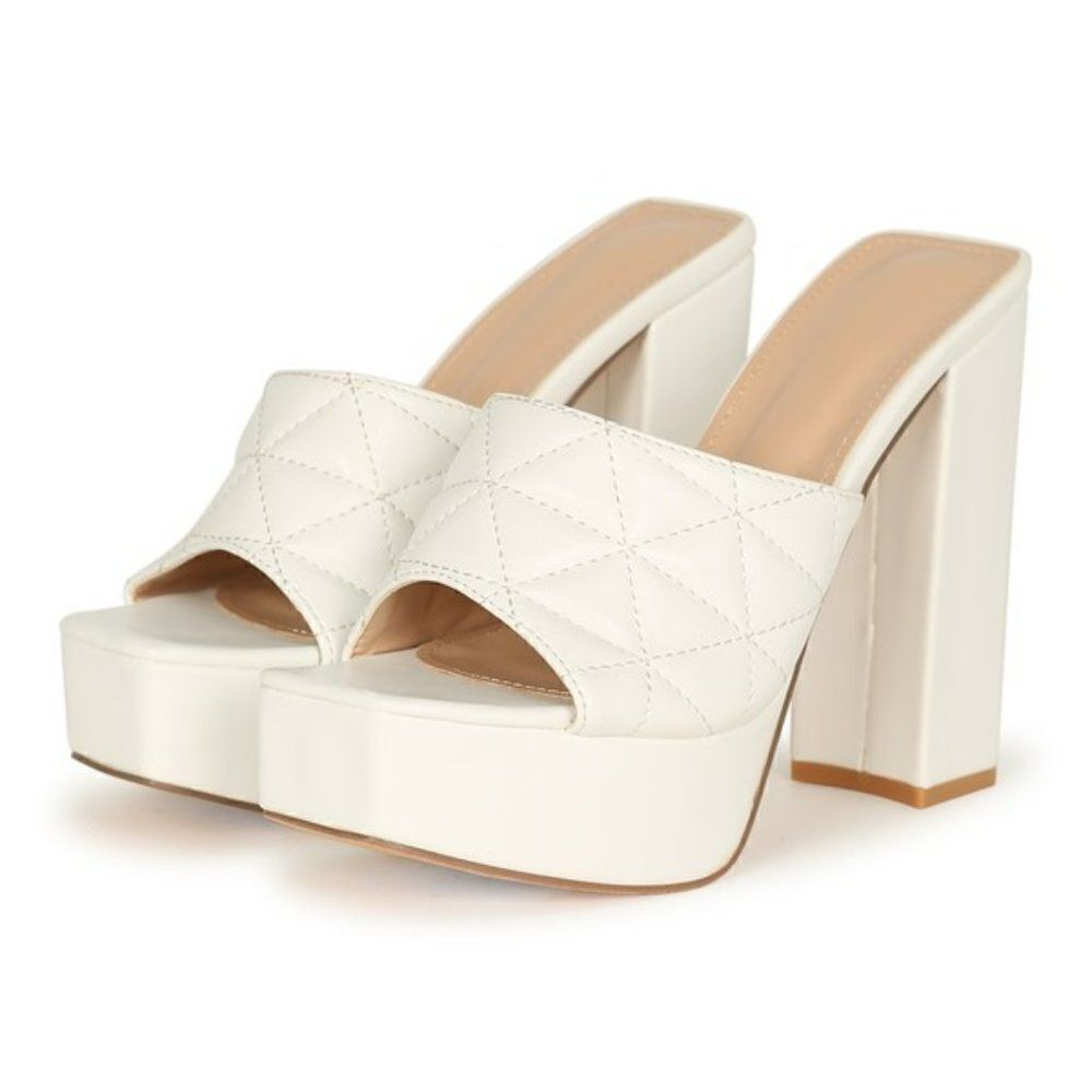 Women's Platform quilted block heels sandals designer inspired white DDK